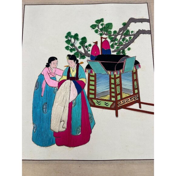 Vintage Korean Silk Embroidery Hanbok Wedding Scene with Gama Palanquin Panel - Picture 2 of 6